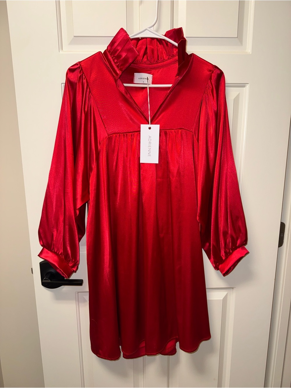 Adrienne Red Satin Ruffled Collar Dress